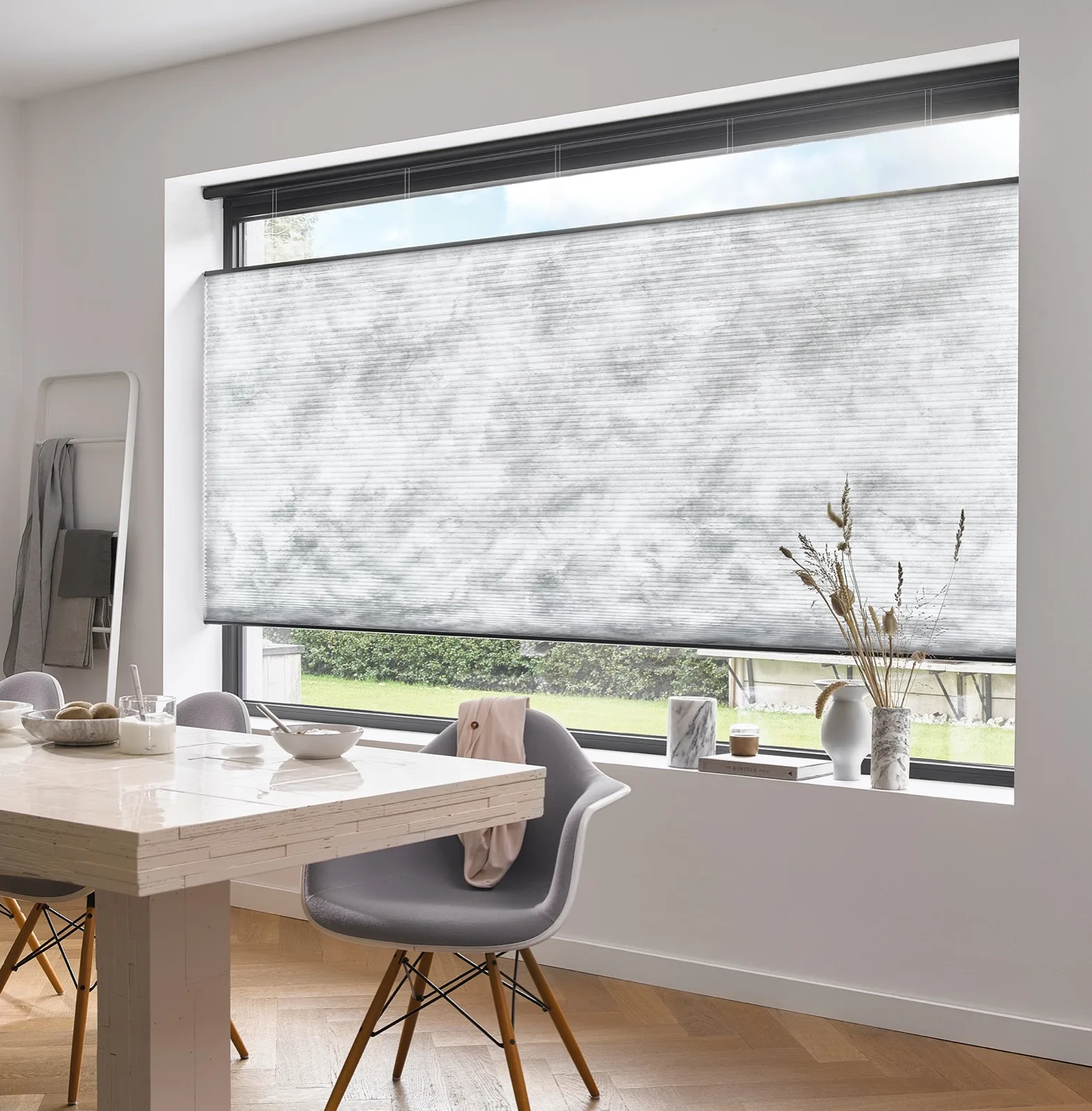 Duette Elan marble effect fabric in a dining room