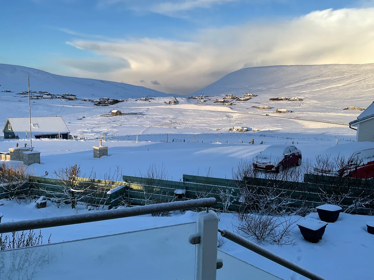 Snow-covered Shetland landscape — view from a recent installation