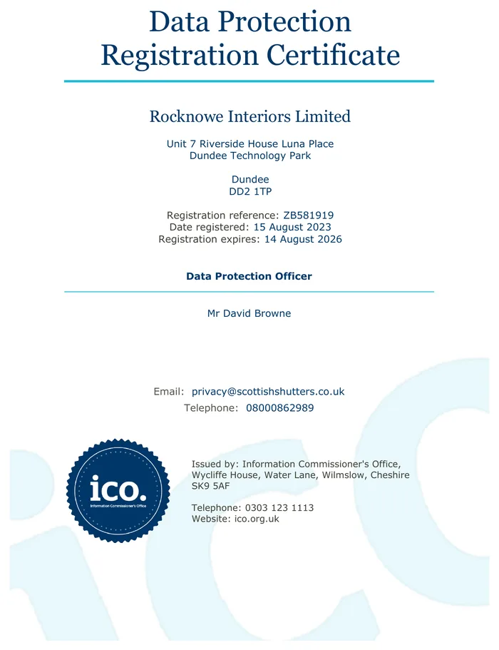 Information Commissioner's Office data protection registration certificate for Rocknowe Interiors Limited, reference ZB581919