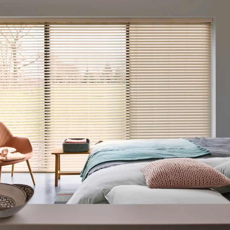Wood Venetian blind detail showing slat texture